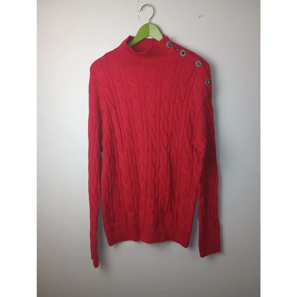 Women's Cable Knit Mock‎ Neck Sweater Red Gem Detail Long sleeve Large Petite